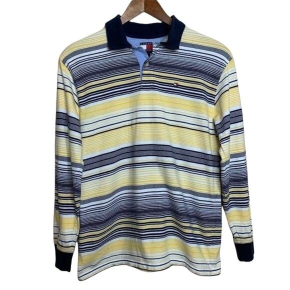 Tommy Hilfiger Polo Shirt Long Sleeve Navy Yellow Stripe Boys Size Large - Picture 1 of 7